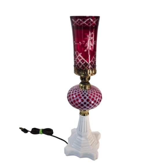 Vintage Cranberry Hobnail Glass Lamp Fenton Style Cut to Clear Shade Milk Glass - Picture 2 of 16